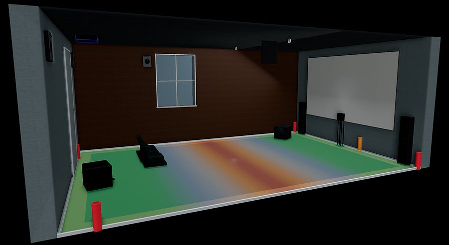 Media room floor plan with a color-coded bass pressure map showing even coverage from the subwoofers to the screen wall