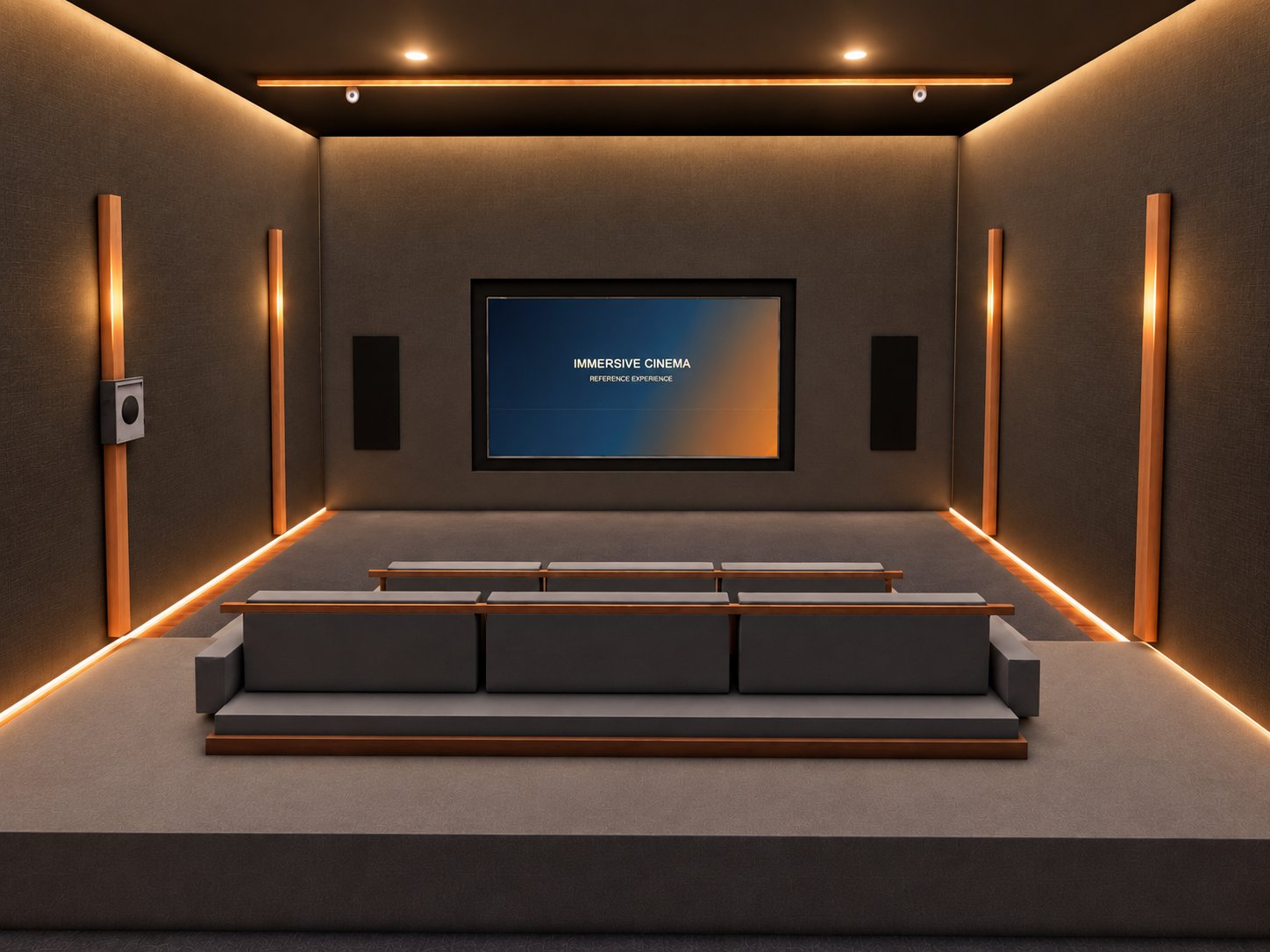 Tiered home theater seating facing a center screen flanked by tower speakers, with warm backlit wood-slat walls