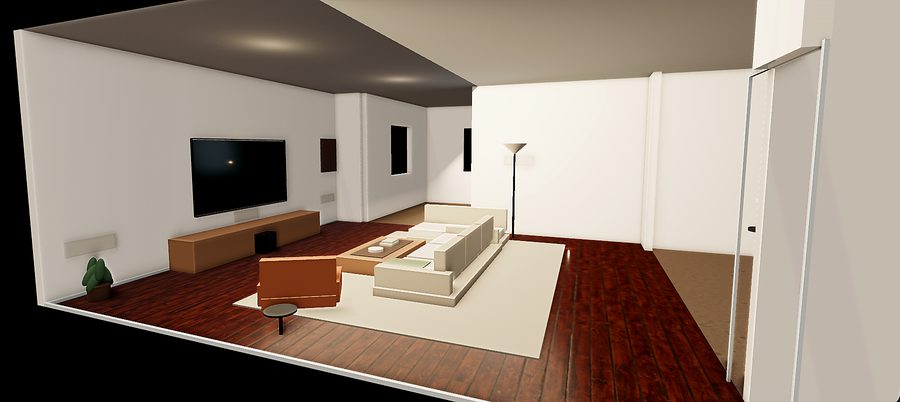 Living room media setup with wall-mounted display and seating